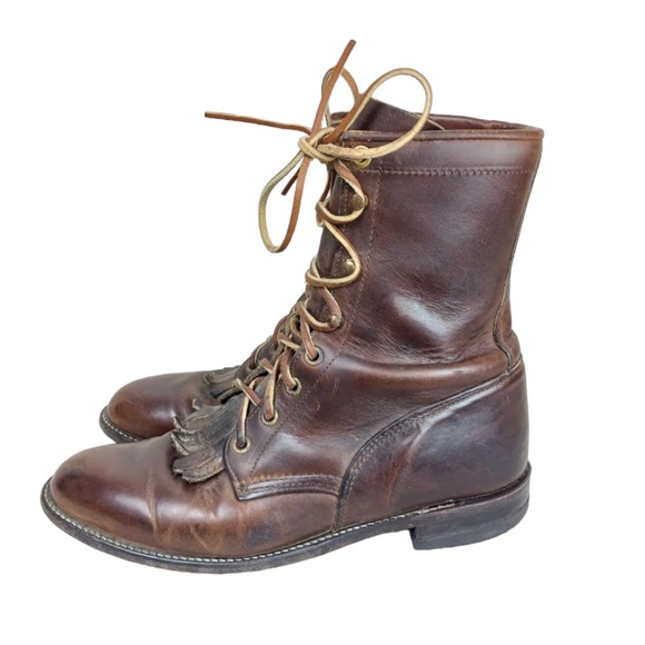 Justin Boots Shoes Vintage Brown Full Leather Lace Up Justin Roper Boots With Kiltie Womens